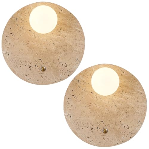 Image of Stone Wall lamp Set of 2 with Glass Lampshade Indoor Round Travertine Wall Sconce G9 Base Wall Lights Fixtures with Switch for Bedroom Living Room Bathroom Vanity