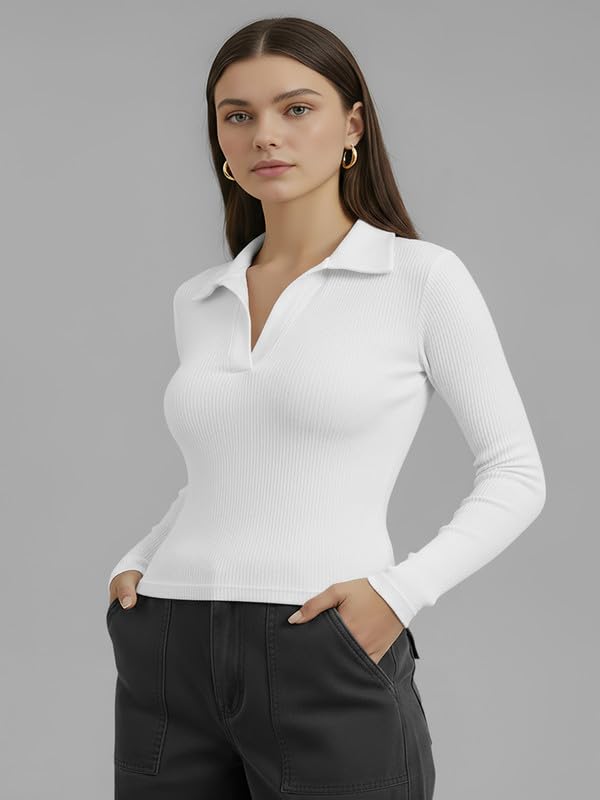 Image of Dream Beauty Fashion Women's Collared Neck Long Sleeve Slim Fit Casual Tee Top for Woman