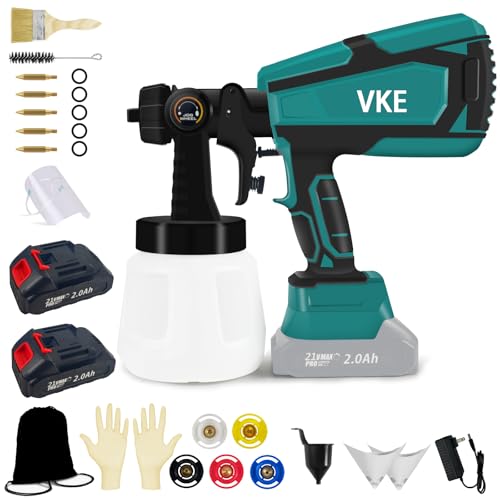 VKE 28pcs 電動スプレーガン コードレススプレーガン 1500mAhバッテリー2枚付属 18V-21Vバッテリー対応 5つの銅ノズル 大容量1000mlタンク付 3つの噴霧方法 【水平 垂直 丸型噴霧】 豊富なアクセサリー DIY吹付 塗装と掃除が