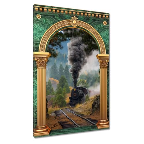 Peinture imprimée sur toile vintage locomotive à vapeur 80 x 120 cm cadre décoration murale