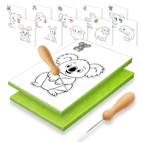 Fettwal Prickelnadel Set Kinder Prickelset Stickbilder Sticken für Kinder ab 3 mit 2 Prickelnadel 2 Prickelfilz 10 Stickbilder Verwendung unter Aufsicht der Eltern (Tierthema B)