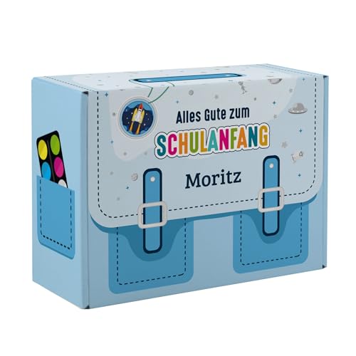 Striefchen® Alles Gute zum Schulanfang - Geschenkverpackung mit Name (Schulranzen Blau, ca. 21,5 cm x 8,5 cm x 15,5 cm (B/H/T))