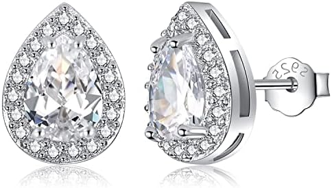 Nupdot Silver April Birthstone Teardrop Stud Earrings for Women Girls, 925 Sterling Silver Post Cubic Zirconia Faux Diamond Halo Studs Jewelry for Birthday Christmas Bridesmaids Gifts