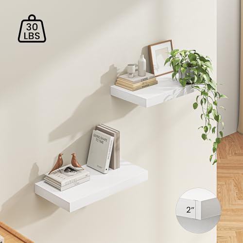 Image of Dreamland 24 inch Floating Shelves for Wall, 12 inch Deep Thicker White Floating Shelves, Wall-Mounted Shelves for Bedroom, Living Room, Kitchen, Bathroom - Set of 2