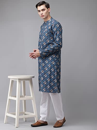 Image of See Designs Blue & White Cotton Regular Fit Mandarin Collar Printed Kurta Set
