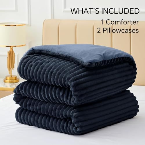 BEDELITE Fleece Oversized Queen Comforter Set -Super Soft & Warm Fluffy Navy Blue Bedding, Luxury Fuzzy Heavy Bed Set for Winter with 2 Pillow Cases