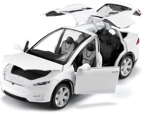 Image of 1:32 Tesla Model X Toy Car with Pull-Back Action Lights, Sound and openable Doors.Durable diecast Model for Kids Aged 3-12 offering Hours of Fun and Realistic Play (White)