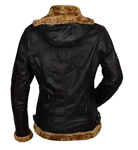 Women,s B3 Shearling Bomber Jacket - Real Sheepskin Brown Leather Aviator Pilot Jacket, Winter Removable Hoodie4