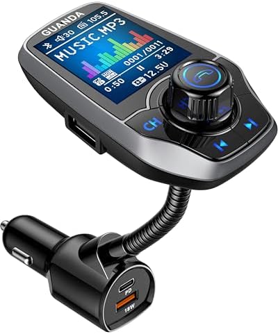 Upgraded Bluetooth FM Transmitter for Car, Wireless Radio Adapter Kit W 1.8" Color Display Hands-Free Call AUX in/Out SD/TF Card USB Charger PD 20W for All Smartphones Audio Players - Pewter