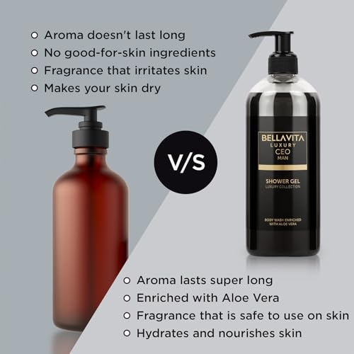 Bella Vita Luxury CEO MAN Body Wash Refreshing Shower Gel for Deep Cleansing, Hydrating & Moisturising Skin with Aloe Vera & Charcoal Powder 500 Ml