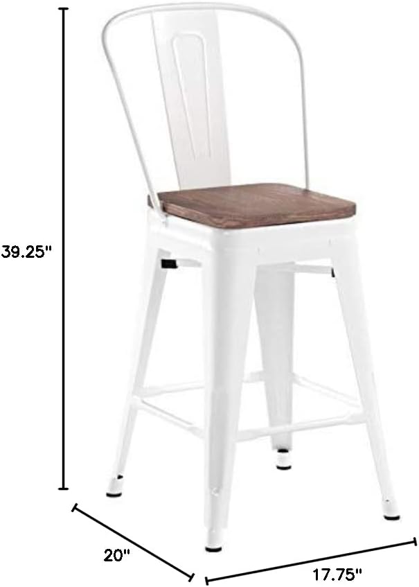 Taylor + Logan 30 Inch High Metal Barstool with Back and Wood Seat, Set of 4, White