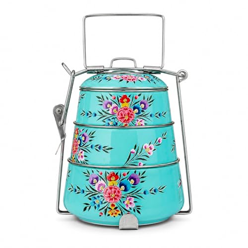 Image of iHandikart Handpainted Decorative Lunch Box Tiffin | Multiple Tier Stainless Steel Food Box | Designer Indian Print Tiffin for School | Diwali Gift, Navratri Gift (Color - Multicolor)
