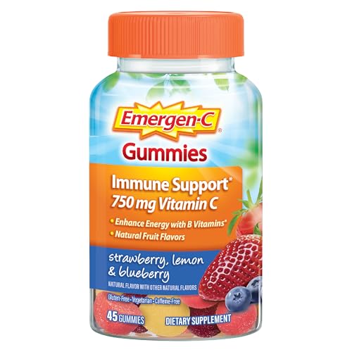 Emergen-C 750mg Vitamin C Gummies for Adults, Immune Support Gummies, Gluten Free, Strawberry, Lemon and Blueberry Flavors – 45 Count