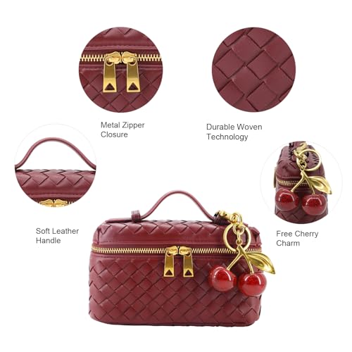 Image of Small Woven Box Crossbody Bags for Women Designer Leather Mini Top Handle Clutch Purse Square Vanity Bag with Cherry Charm