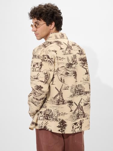 Image of The Souled Store Rolling Hills Men and Boys Long Sleeves Collared Neck Button Front Beige and Brown All Over Printed Cotton Shackets