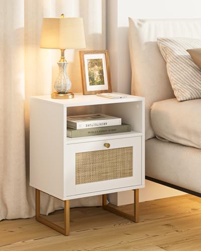 Image of Rattan Nightstand, Mid Century Modern Night Stand,Boho Farmhouse Wood Bedside Table with Storage and Open Shelf, End Side Accent Table for Bedroom,Living Room,White