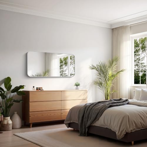 Image of KOCUUY Silver Bathroom Mirror, 20x40 Inch Bathroom Mirror for Over Sink, HD Tempered Glass, Anti-Rust Brushed Silver Frame, Rounded Corner Modern Design for Bathroom, Hang Horizontal /Vertical