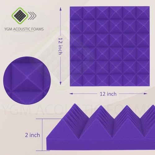 Image of YGM Acoustic Foams Pyramid Acoustic Panels 1 Footx1 Footx2inch Thick, 50 Density Acoustical Sound Proof Foam for Room, Studio, Echo Reduction & Noise Absorption (Black & Purple, Set of 126)