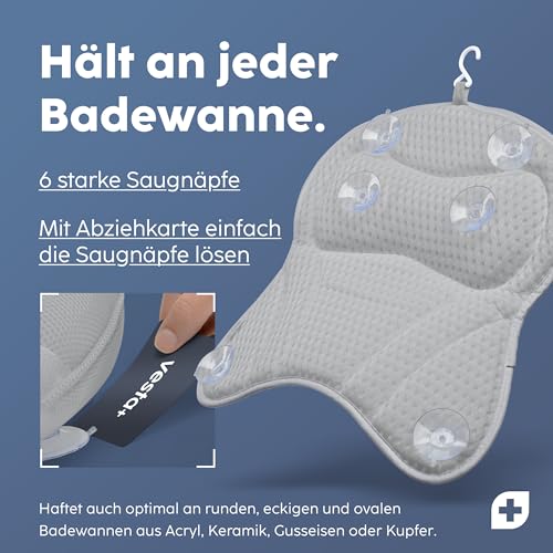 Vesta+ Badewannenkissen Grau L mit Saugnäpfen, Badekissen Testsieger als Badewannenkissen Nacken – Nackenkissen Badewanne, Badewannen Kissen – Duschkissen Badewanne