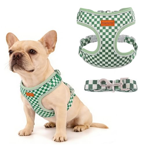 PawSailor Pettorina per Cani Piccoli con Guinzaglio Anti-Tiro Pettorina Cuccioli Mesh Regolabile Gilet Cane Imbottito Motivo a Scacchi Riflettente Imbracatura per Cani e Gatti, Verde L
