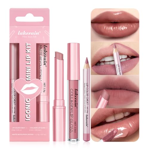 Image of 3PCS Lip Liner and Lipstick Combo Set - Matte Lip Liner Pencil, Velvet Matte Lipstick & Hydrating Collagen Lip Gloss - Long-Lasting, Smudge-Proof, High Pigment Nude Pink Lip Makeup Kit (Nude Pink)