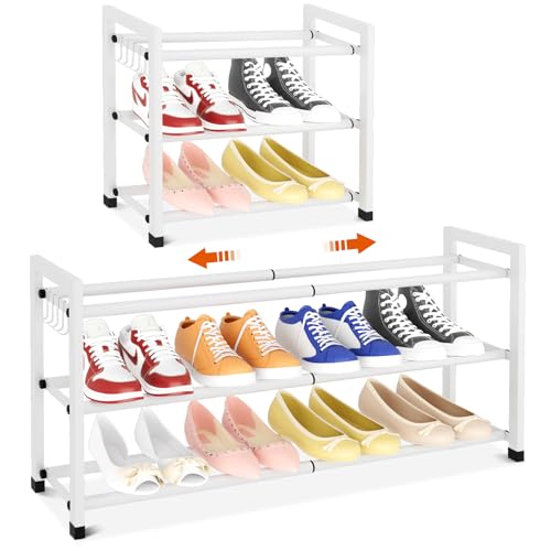 BrFoYu 3段 拡張可能 クローゼット用シューズラック 狭いスペース用 調節可能 シューズラック 玄関用小型シューズオーガナイザー 頑丈な金属製 ホワイト