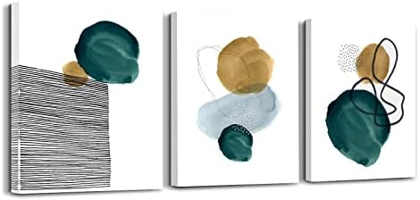 Modern Black and Green Abstract Boho Wall Art Prints, Minimalist Neutral Geometric Canvas Paintings, Contemporary Simple Aesthetic Poster Pictures for Bedroom Bathroom Home Room Decor Set of 3 Framed (12x16)
