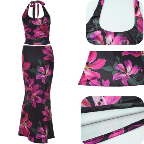 Image of Women High Stretchy Adjustable Strap Backless Floral Two Piece Maxi Skirt Set Summer Outfits 2026