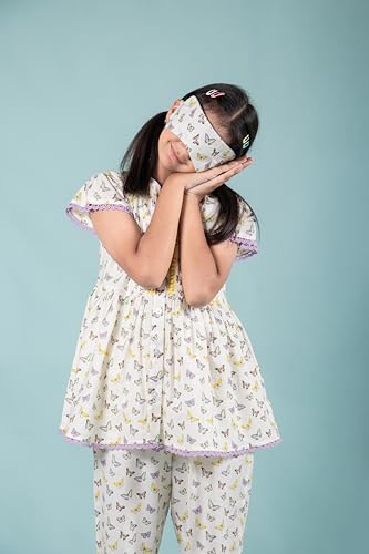 Image of Tweeny Mini Girls Kids Pure Cotton Nightsuit | Nightwear | Sleepwear | Nightdress with Pajama and Halfsleeve Top Cute Butterfly Printed with Eye Mask