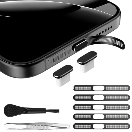 BelleVive 2 Tapones de Polvo USB C de Metal, 5 Redes para Auriculares, Protector de Polvo de Altavoz para iPhone 16/15/16 Pro MAX, Negro