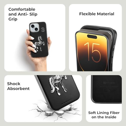 Image of PULOKA-Mobile Cover Compatible with iPhone 13-Horse Embroidery -Sleek & Stylish-Protective & Anti Scratch Phone Cover Vegan Leather Back Case -Men & Women-Santa Barbara Polo (Black)