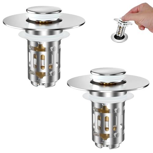 Hibbent 2 Pack Universal Bathroom Sink Drain Strainer 3 in 1 Pop Up Stopper with Removable Stainless Steel Filter Basket Brass Bullet Core Hair Catcher Sink Plug for 1.1~2.36 Hole Chrome