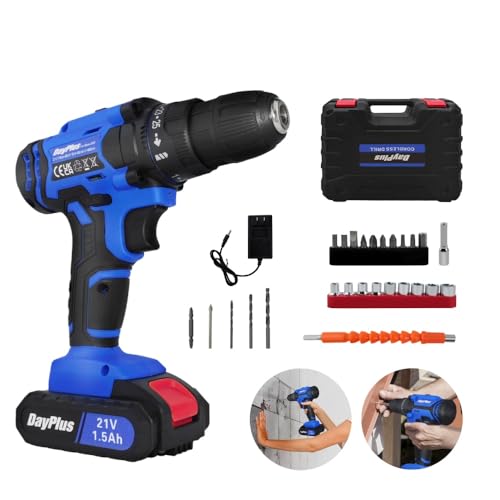 21V Visseuse Devisseuse Sans Fil, Perceuse Visseuse Sans Fil avec 1Batterie&Chargeur,45N.m Perceuse Électrique,Mandrin Sans clé 3/8, 25+1 Réglages de Couple, LED,26 Accessoires, Bleu