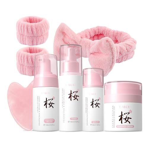 LAIKOU Sakura Skincare Set, Japanese Beauty Facial Kit for Women Teenage Girls, Cleanser, Toner, Serum, Moisturizer, Headband & Gua Sha Tool, Hydrating Facial Routine for Glowing Skin, 6PCS