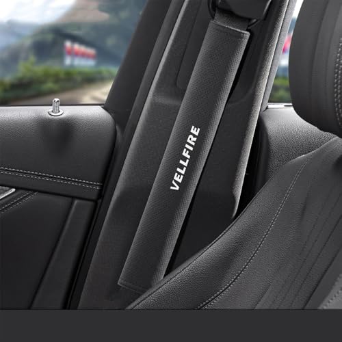 ヴェルファイア シートベルトカバー シートベルトパッド シートベルトショルダー スエード素材 延長タイプ 長いサイズ マジックテープ取り付け 専属車種文字カスタム レザー 2個セット (ヴェルファイア, ブラック)