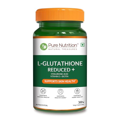 Image of Pure Nutrition Reduced L Glutathione Supplements | Glutathione Tablets for Skin Whitening With Hyaluronic Acid, Vitamin E & Biotin | Support Skin Health & Antioxidant | Skin Glow Tablets For Men & Women - 30 Veg Capsules
