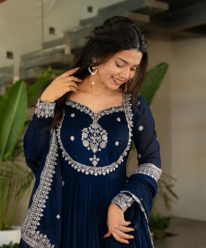 Image of Women Omkar Textile's Georgette Anarkali Gown with Dupatta Set, Embroidered, Wedding, Floor Length
