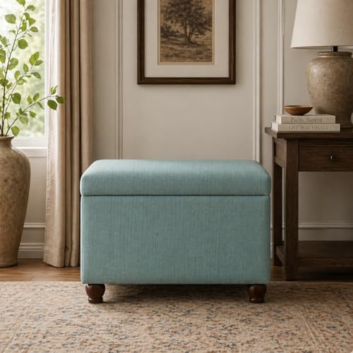 Image of HomePop 22 inch Medium Rectangular Storage Ottoman - Aqua Linen