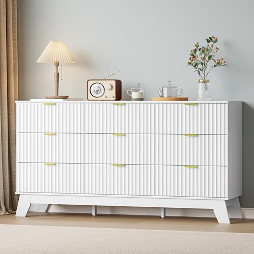 Image of White Dresser 9 Drawer Dresser for Bedroom, 57''Wide Fluted Wooden Dresser Storage Cabinet and Chest of Drawers with Metal Handle, Storage Organizer for Living Room, Hallway, Entryway