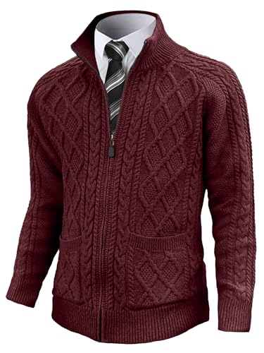 Comdecevis Men's Cardigan Sweaters Full Zip Up Stand Collar Slim Fit Cable Knitted Sweater with Pockets
