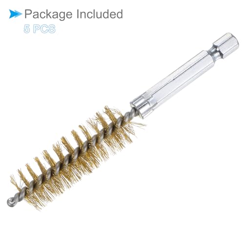 Image of Bore Brush, 16mm Dia 4 Inch Length, Brass Cleaning Wire Brushes with 1 /4 Inch Hex Shank - (Applications: for Power Drill, Die Grinder), 5-Pieces