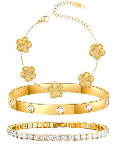 THALASIENE 3 Stück Kleeblatt Armband Gold 316L Edelstahl Wasserfestes Armband Damen&Kristallen Tennis Armbänder Armbänder Set für Damen Gold Bracelet
