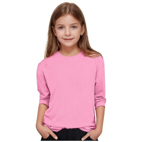 3/4 Sleeve Girls Tops Knit Crewneck Loose Fit Cute Shirts Dressy Casual Solid Color Blouses 2025 Trendy Kids Tees2