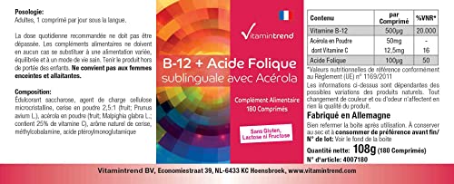 Vitamintrend Vitamin B-12 + Folsäure sublingual mit Acerola, 180 Tabletten, hochdosiert mit 500µg Vitamin B12, Nahrungsergänzungsmittel vegan ohne Magnesiumstearat, in Deutschland hergestellt