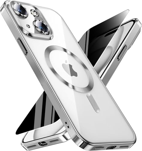 Image of Magnetic for iPhone 15 Plus Case with Privacy Screen Protector & Full Camera Cover,Compatible with MagSafe,[Non-Yellowing]Plating Soft Shockproof Clear Phone Case Women Girls for iPhone 15Plus,Sliver