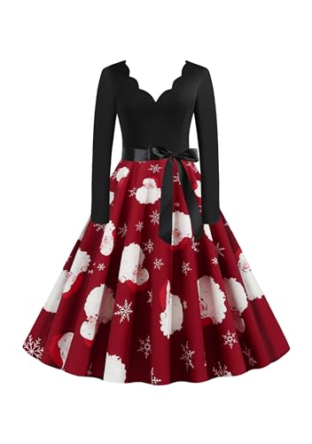 EFOFEI Damen Weihnachten Langarm Weihnachtskleid Vintage Hepburn Cocktailkleid Weihnachten Druck Partykleid A-Linie Swing Kleid Rot L