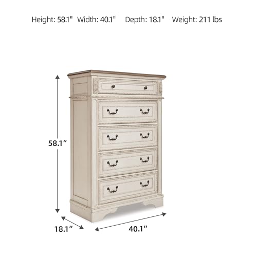 Signature Design by Ashley Realyn French Country 5 Drawer Chest, Tipover Restraint Device, 2-tone Finish, Wood, 40.13" W x 18.13" D x 58.13" H, Chipped White