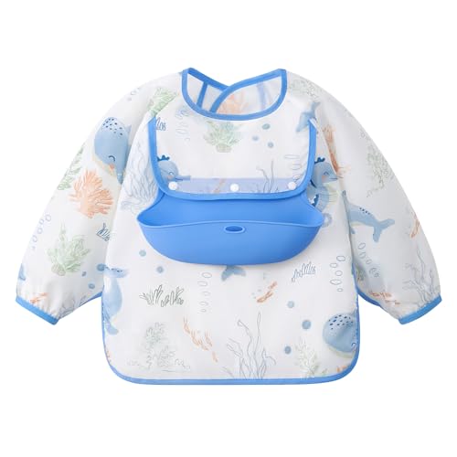 Image of usbettas Long Sleeve Bib with Silicone Catch Pocket, Waterproof Feeding Bibs for Toddlers, Machine Washable, Baby Smock Bib for Mealtime & Playtime (1-3 Years, Ocean)
