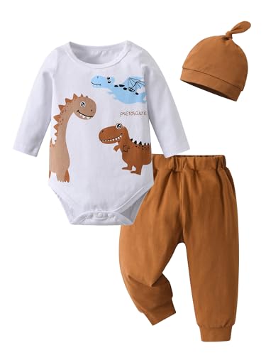Image of Siracend Newborn Infant Baby Boy Clothes Print Long Sleeve Bodysuit + Pants + Hat 3 PCS Outfits Set