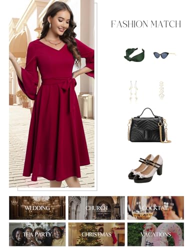 Image of DRESSTELLS Women's Cocktail Dress Summer Wedding Guest Party Vintage 3 /4 Bell Sleeve V Neck A-Line Dress